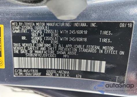 2018 Toyota Highlander Le from USA, damaged, VIN 5TDBZRFH2JS913003